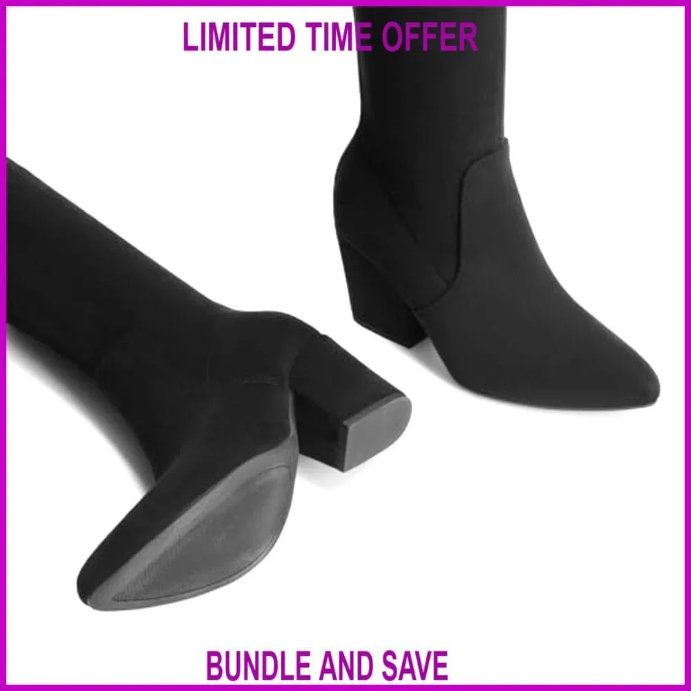 Pointed Toe Thigh High Boots Chunky Block Heel Over the Knee